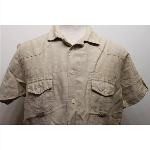 Springfield Men Short Sleeve Shirt Linen Sz Large Beach Brown Natural Summer - Picture 9 of 10